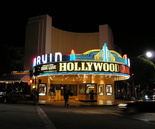 Exterior of Bruin Theatre with the marquee lit.