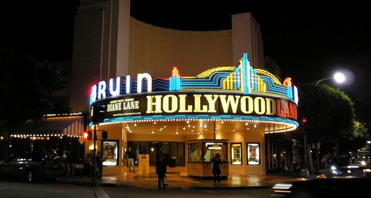 Exterior of Bruin Theatre with the marquee lit.