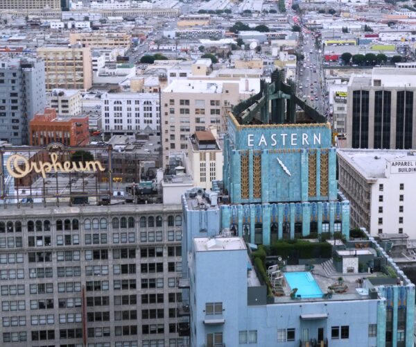 Areal view of the Eastern Columbia building and Orpheum Theatre on L.A.'s Broadway.