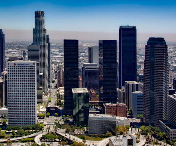 View of downtown Los Angeles skyline.