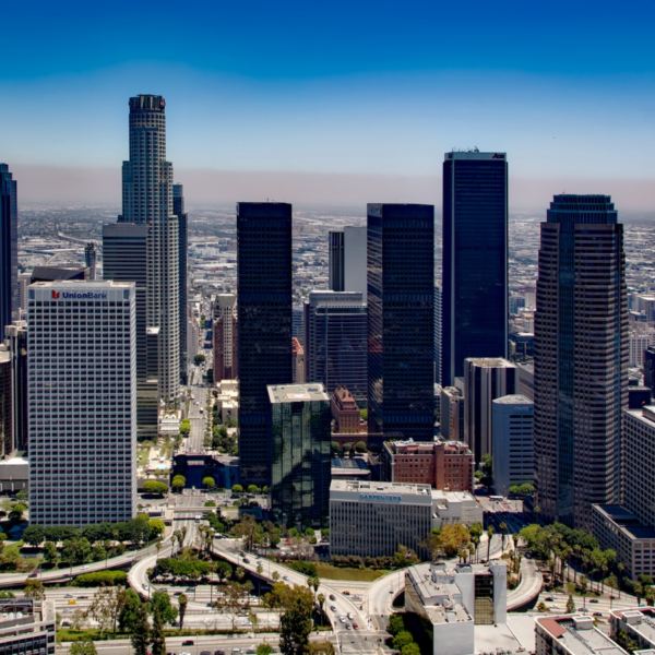 View of downtown Los Angeles skyline.