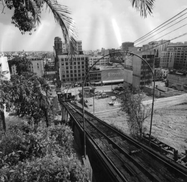 Black and white photo looking down onto DTLA from the railway track