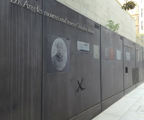 Biddy Mason Memorial; images and text on a bronze wall