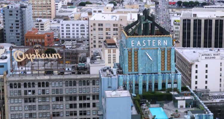 Areal view of the Eastern Columbia building and Orpheum Theatre on L.A.'s Broadway.