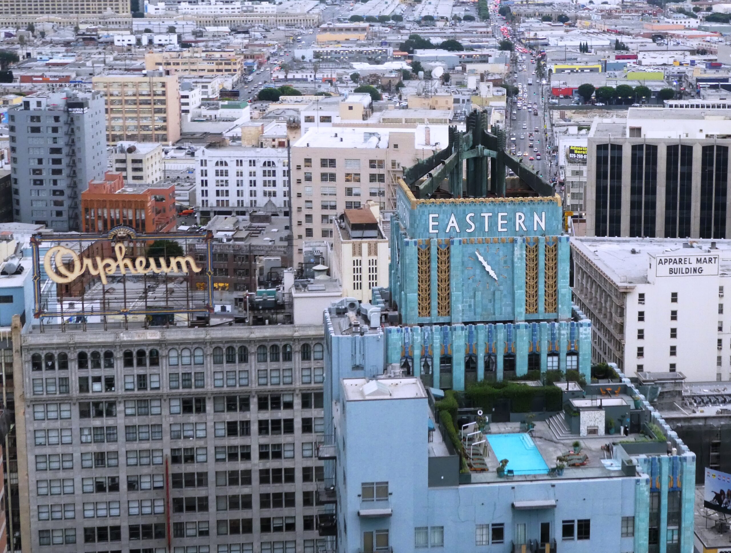Aerial view of the Eastern Columbia building and Orpheum Theatre on L.A.'s Broadway.