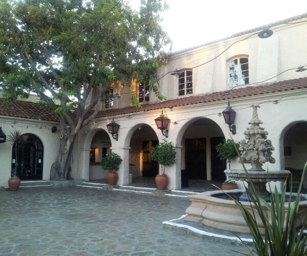 Pasadena Playhouse, with a water fountain out front