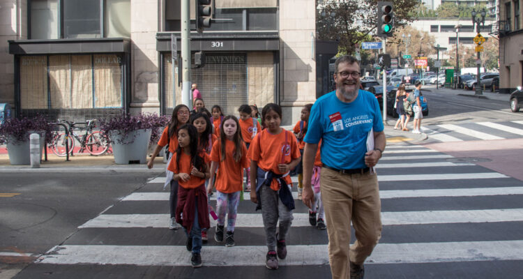 Group of students on a downtown walking tour with the L.A. Conservnacy.