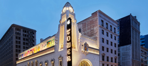 The Apple Theatre Tower lights up downtown Los Angeles.