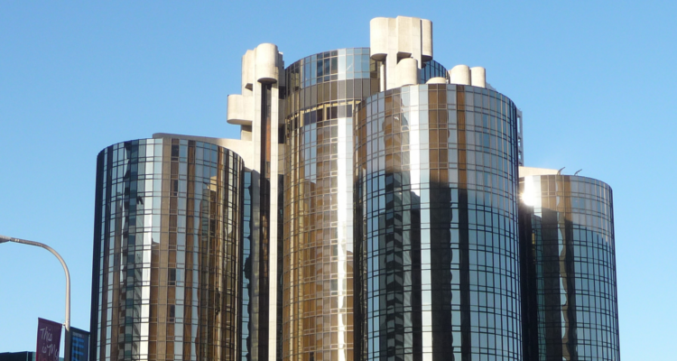 The topo of a glass and circle building known as the Bonaventure Hotel