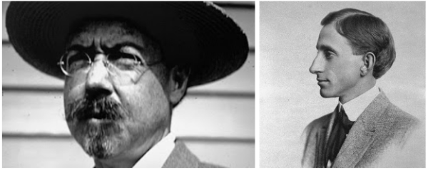 Two black and white portraits. White, middle aged man on left wears round glasses and hat. Young white man on right wears suit and tie.