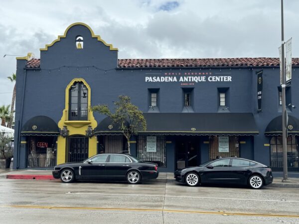 Exterior view of the pasadena antique center; grey and yellow building