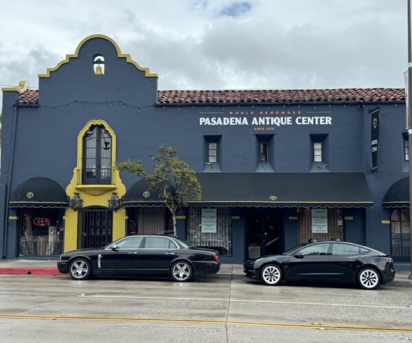 Exterior view of the pasadena antique center; grey and yellow building