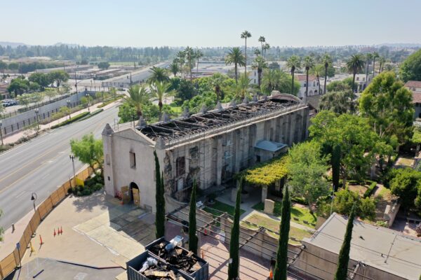 Ariel View of the fire damage on the roof of the Mission San Gabriel