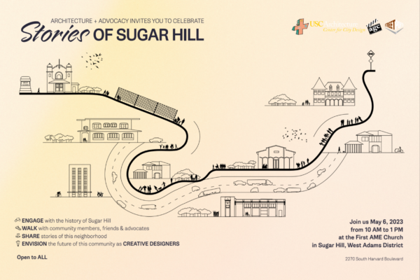 Stories of Sugar Hill walking tour flyer with building, roads, trees, and car icons.