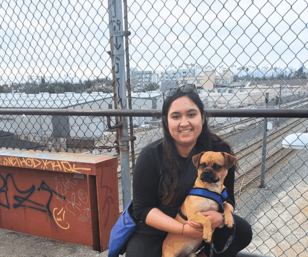 Woman holding a dog stands in front of a scenic city viewpoint.