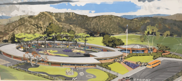 Illustrative perspective render of Santa Clarita Elementary School. The perspective shows the roundhouse school design with a tree lined center courtyard. Students arrive in the front in a yellow school bus.