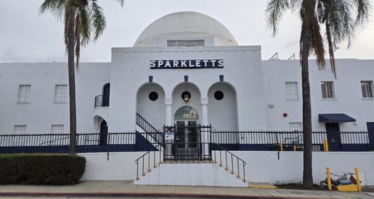 The view of the main entry portico and dome of the Sparkletts Bottling Plant