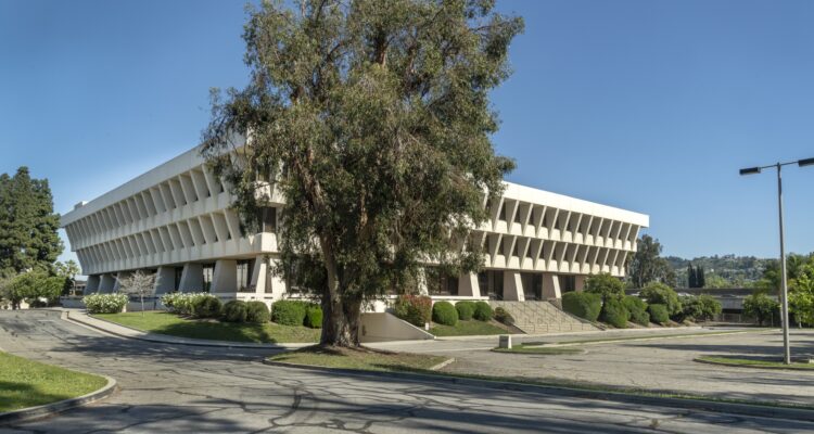 An exterior view of Sunkist Headquarters from one of the surface parking areas in 2020.