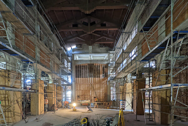 Dick Wolf Drama Center interior sanctuary theatre under construction.
