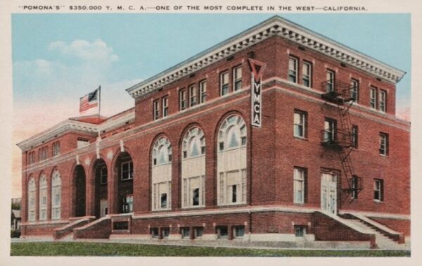A historic postcard of Pomona's YMCA brick building.