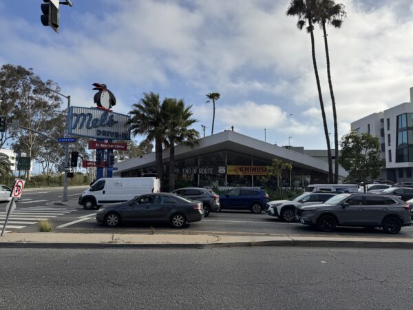 A view of the front facade of Mel's Drive-In in Santa Monica in 2026